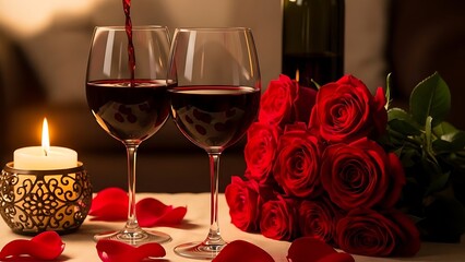 Romantic evening with red wine, roses, and candlelight for a special occasion. Valentine's Day