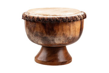 Carved wooden drum with stretched light tan skin top