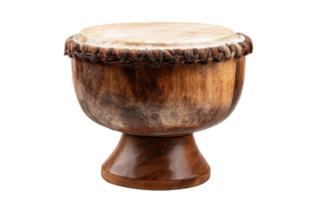 Carved wooden drum with stretched light tan skin top