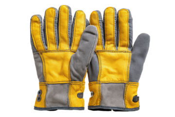 Yellow and gray leather work gloves, palms up