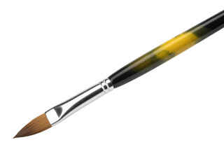 Close-up of yellow and silver paintbrush with brown bristles isolated on a transparent background