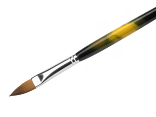 Close-up of yellow and silver paintbrush with brown bristles isolated on a transparent background