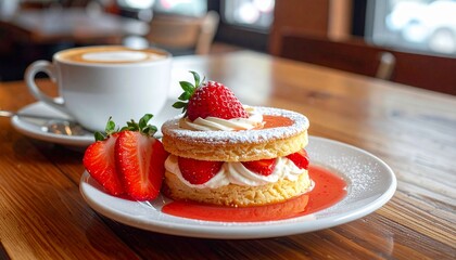 테이블 위 커피와 함께한 딸기 쇼트케이크 디저트 Strawberry Shortcake Dessert with Coffee on Table