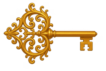Golden vintage ornate key unlocking success and solution