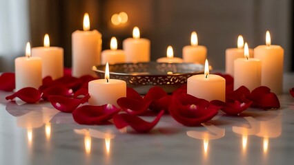 Romantic ambiance with lit candles and red rose petals on a marble surface. Valentine's Day