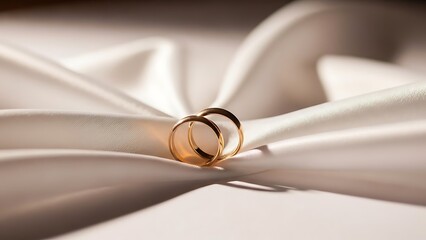 Elegant gold wedding rings resting on luxurious white satin fabric with soft lighting. Valentine's Day