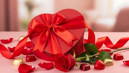Elegant red heart-shaped gift box with a single rose and chocolates for romance. Valentine's Day