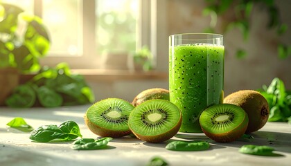 햇살 비치는 주방 테이블 위 키위와 시금치를 곁들인 신선한 그린 스무디 Fresh green smoothie with kiwis and spinach leaves on sunny kitchen table