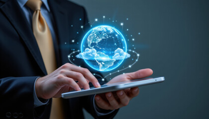 Business professional interacts with digital tablet displaying glowing globe, symbolizing technology and global connectivity. image conveys innovation and modern communication