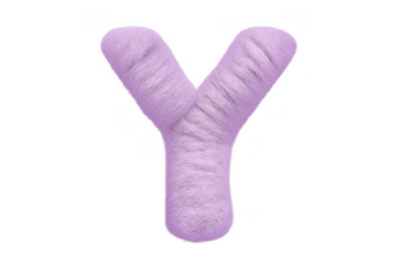 Plush purple letter y displaying a soft, furry texture, creating a playful and inviting alphabet character on a transparent background