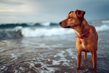 Brown dog standing on wet sand at beach, calm sea waves and open sky, summer vacation pet lifestyle, natural light shoreline scene with copy space.