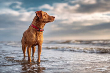 Brown dog standing on wet sand at beach, calm sea waves and open sky, summer vacation pet lifestyle, natural light shoreline scene with copy space.