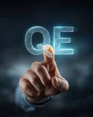 hand hovering above text display QE. Quantitative easing crisis and inflation concept .