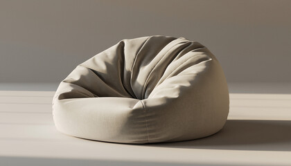 Minimalist beige bean bag chair with soft fabric texture, casting shadows on a light background, perfect for modern home decor, comfort, and relaxation in a contemporary living space.
