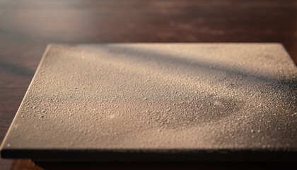 Close-up of a textured dark surface covered in fine dust particles illuminated by a ray of sunlight, creating a subtle gradient and shadow effect on a wooden background.