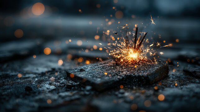 Sparkler igniting on a dark, textured surface with glowing embers and light particles. - Powered by Adobe