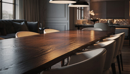 Elegant long wooden dining table with modern chairs in a luxurious open-plan living