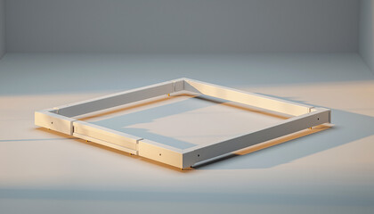 Minimalist white square frame on a light gray background with subtle shadows, creating a clean and modern aesthetic. Ideal for product display, architectural concepts, or abstract graphic design.