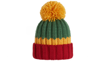 Colorful knitted beanie with yellow pompom colorful beanie isolated on a transparent background