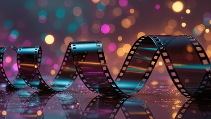 Curled film strip spiral on reflective surface with cyan and magenta cinematic lighting