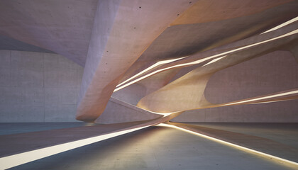 Modern concrete interior with organic flowing architecture and ambient strip lighting, creating an abstract and futuristic aesthetic for a gallery or exhibition space.