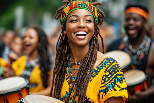 A joyful woman in vibrant attire plays drums, surrounded by a lively group, celebrating culture and music in a festive atmosphere.