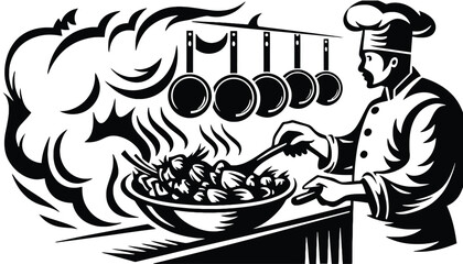 A chef cooking a meal in a kitchen with pots and utensils nearby