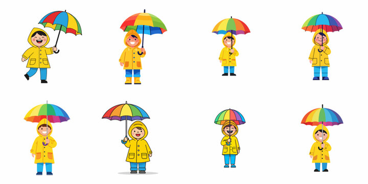 Happy cartoon boy wearing a yellow raincoat and holding a rainbow umbrella, set of eight different poses or styles isolated on a white background.