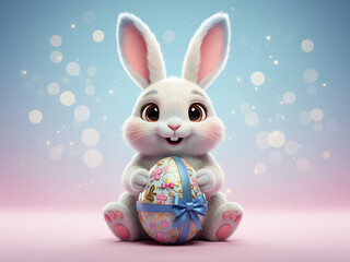 Whimsical 3D Rendered Easter Rabbit Holding Gift Egg, Modern Holiday Celebration Symbol, Vibrant Blue Pink Background