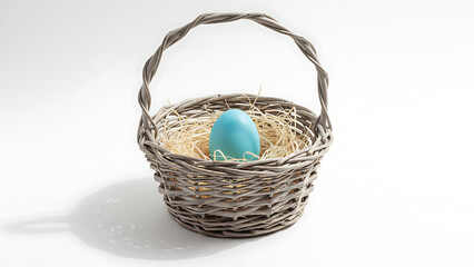 Minimalist Rustic Easter Basket with Single Blue Egg, Elegant Spring Holiday Decoration, Clean White Background