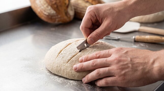 Chef scoring bread dough by hand to control expansion and ensure perfect baking - Powered by Adobe