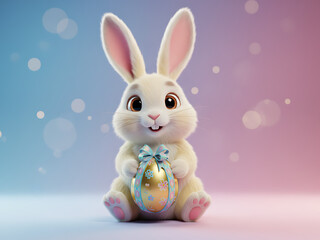 Whimsical 3D Rendered Easter Rabbit Holding Gift Egg, Modern Holiday Celebration Symbol, Vibrant Blue Pink Background