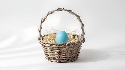 Minimalist Rustic Easter Basket with Single Blue Egg, Elegant Spring Holiday Decoration, Clean White Background