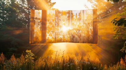 A tapestry hangs suspended above a meadow its abstract patterns creating an ethereal and mystical vibe.