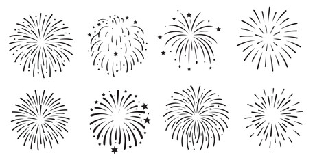 eight black fireworks silhouettes traced different styles