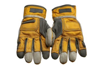 Worn tan & gray work gloves, close up