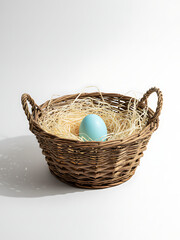 Minimalist Rustic Easter Basket with Single Blue Egg, Elegant Spring Holiday Decoration, Clean White Background
