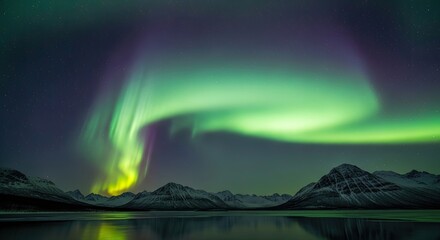 A mesmerizing display of the Northern Lights over a serene lake with snow-capped mountains in the background.