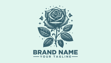 A logo featuring a stylized rose with leaves and geometric shapes on a light green background with a placeholder text for brand name and tagline.