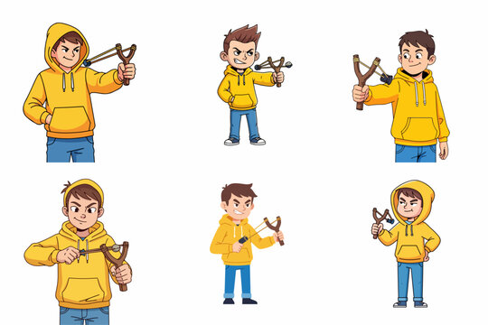 Set of cartoon vector illustrations showing a mischievous boy in a yellow hoodie aiming and holding a slingshot (catapult) with various expressions.