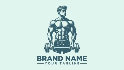 A muscular man lifting dumbbells in a stylized illustration with a logo and text placeholder on a light green background.