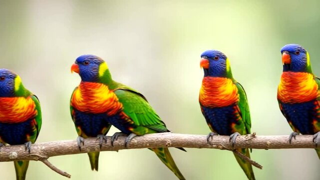 Colorful parrots perched on a branch in nature