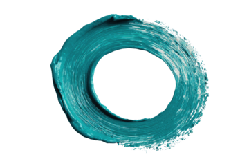 Teal paint stroke circle, textured swirl, isolated black