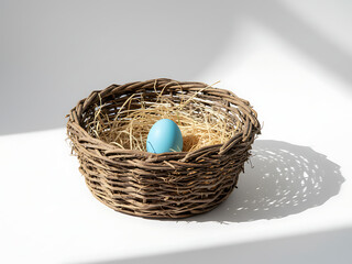 Minimalist Rustic Easter Basket with Single Blue Egg, Elegant Spring Holiday Decoration, Clean White Background