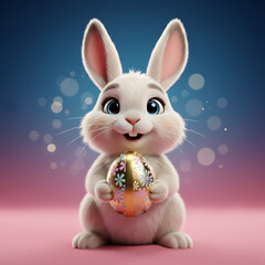 Whimsical 3D Rendered Easter Rabbit Holding Gift Egg, Modern Holiday Celebration Symbol, Vibrant Blue Pink Background
