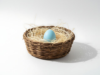 Minimalist Rustic Easter Basket with Single Blue Egg, Elegant Spring Holiday Decoration, Clean White Background