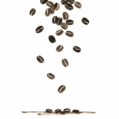 Falling Coffee Beans in Brush Style on White Background - Brown
