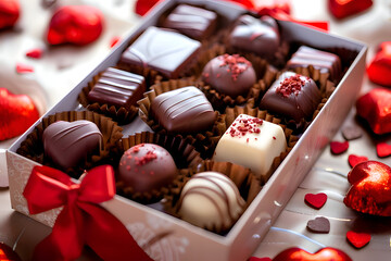 box chocolates with ribbons and red hearts