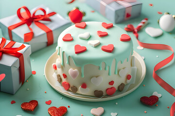 bento cake with gift boxes and hearts on green background. Valentine Day celebration