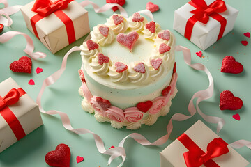bento cake with gift boxes and hearts on green background. Valentine Day celebration